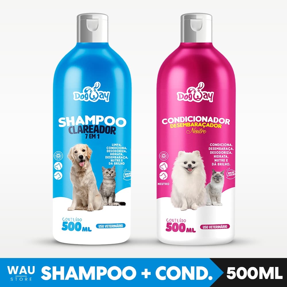 Kit Shampoo 7 em 1 + Condicionador Dog Way 500ml Clareador Pelos Brancos Escuros Neutro Filhotes Cães e Gatos