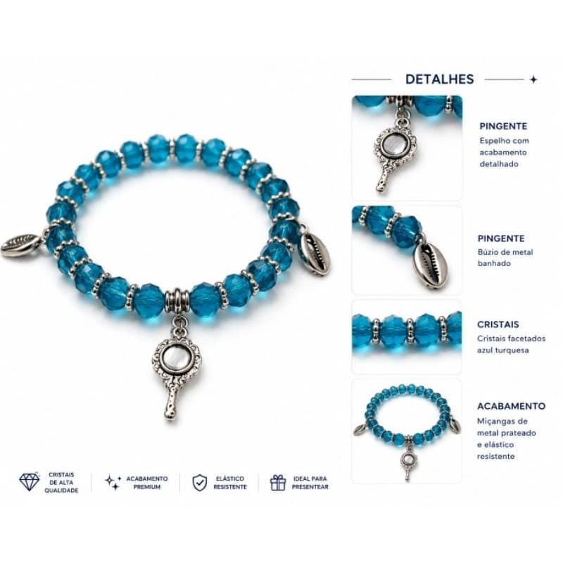 Pulseira de Iemanjá Cristal Azul com Pingentes Búzio e Espelho. Unidade ou Kit.