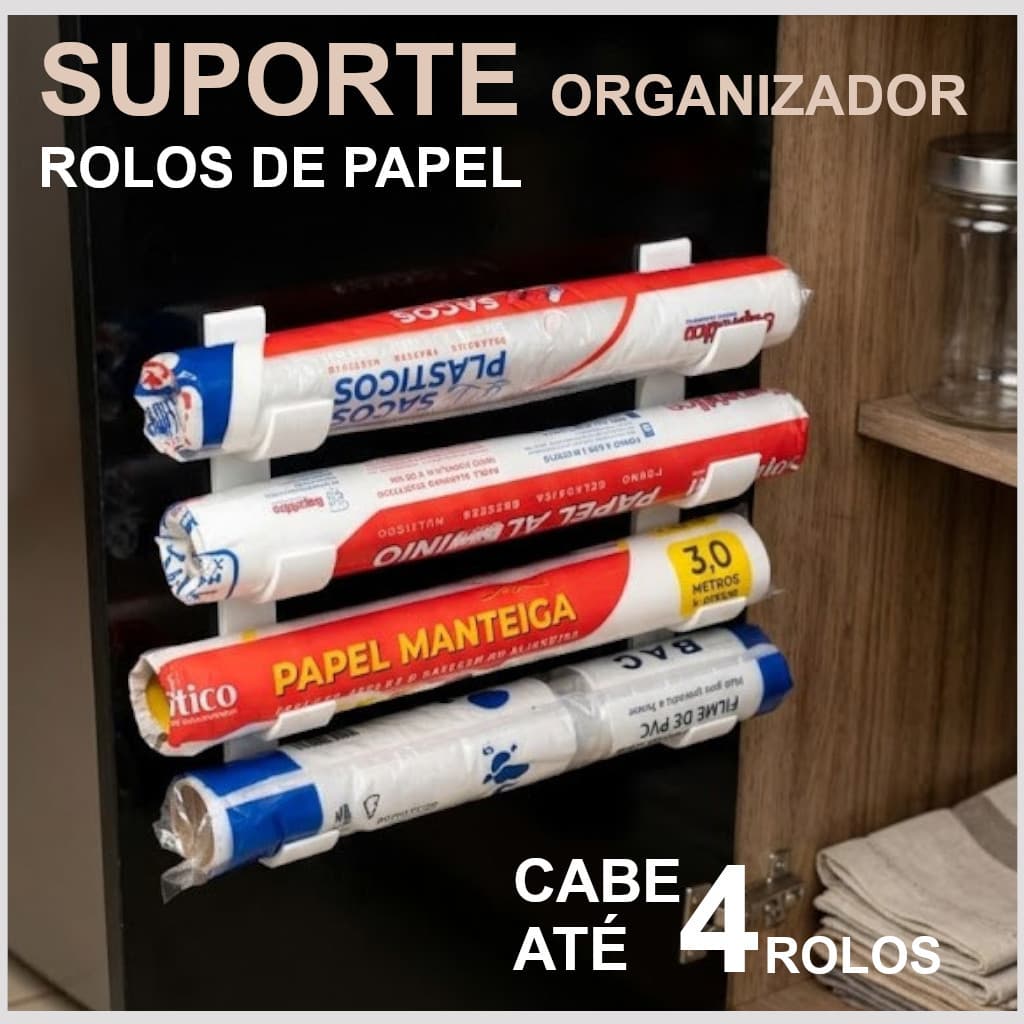 Suporte Organizador Rolos de Cozinha Filme PVC Papel Alumínio Papel Manteiga sem Furos