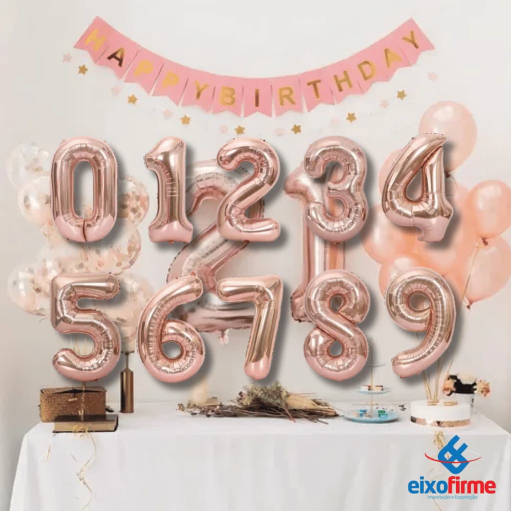 Kit 2 Unidades Balão Bexiga Metalizado 32 Pol Número 80 CM Grande Aniversário Festas Decorações Rose Eixofirme