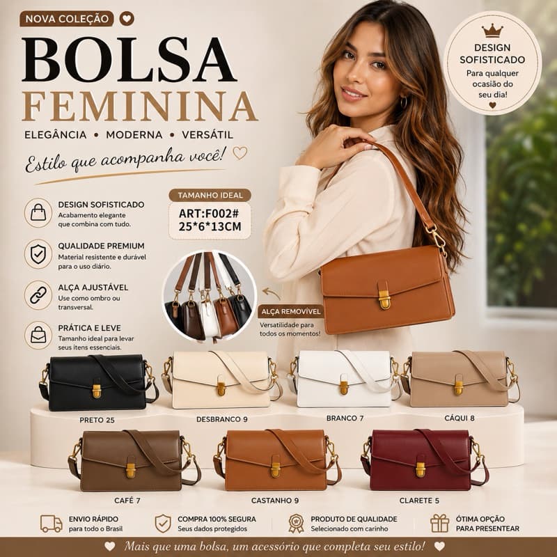 Bolsa Feminina de Ombro Elegante | Bolsa Transversal com Fecho Metálico | Bolsa Pequena Casual Premium