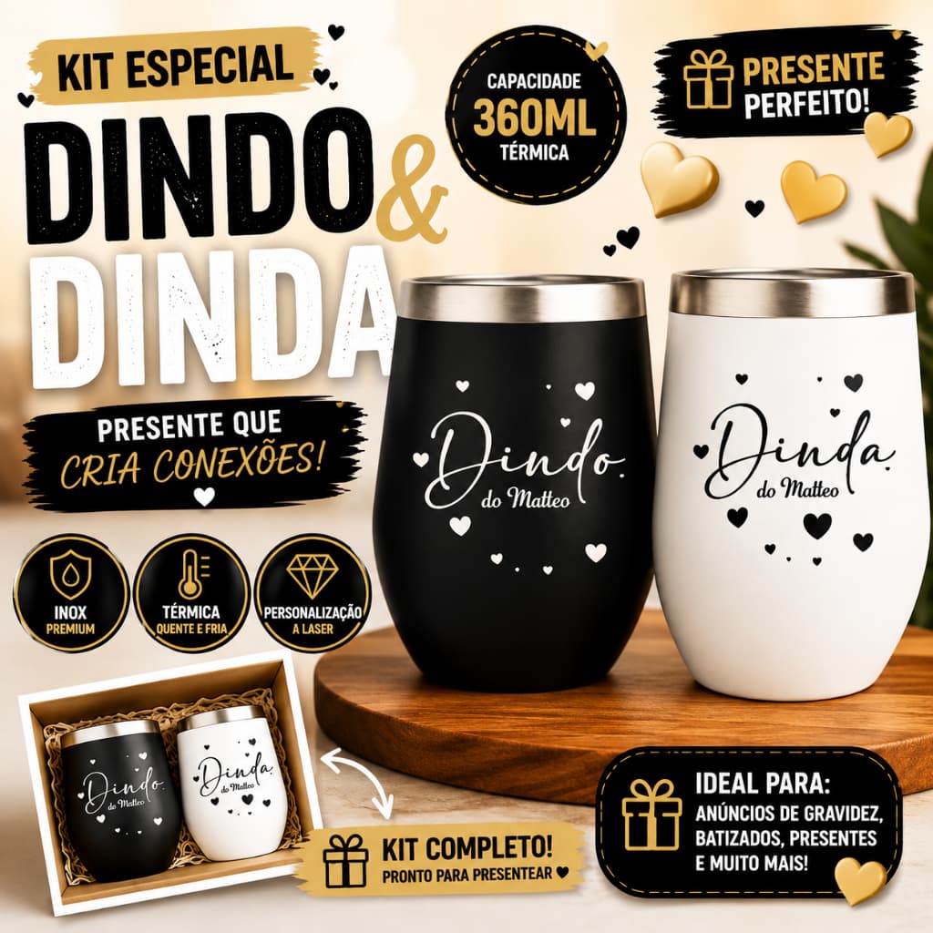 KIT COPO CUIA 360ML PERSONALIZADO DINDO E DINDA | PRESENTE ESPECIAL | 10 15 20 25 30 UNIDADES