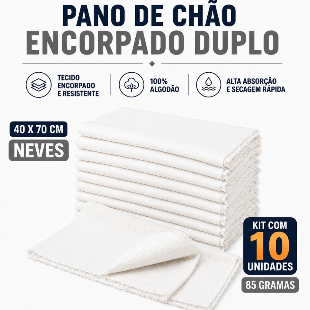 Kit com 10 Panos de Chão Grande 70x40cm - Saco Duplo Branco Alvejado - Neves - Revenda - EC 100% Algodão
