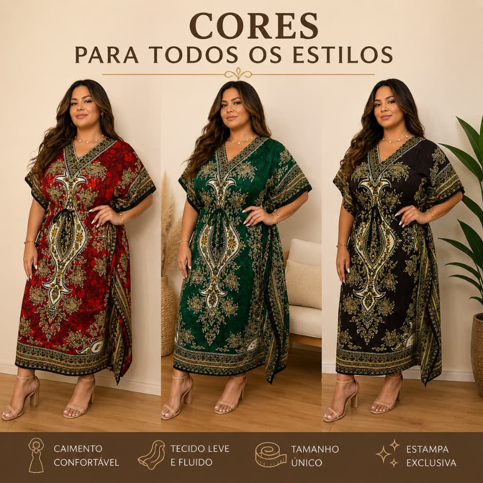 Vestido Indiano Kaftan Longo Estampado Boho Chic