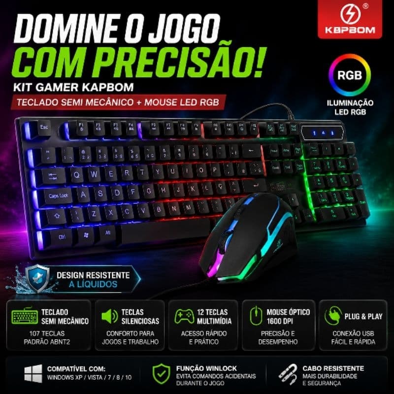 Kit Teclado e Mouse Gamer RGB Semi Mecânico USB ABNT2 LED Kapbom Preto para PC