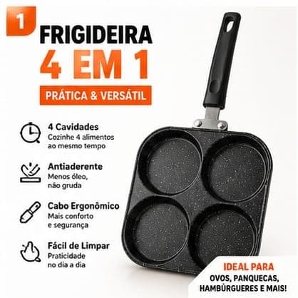 Frigideira 4 em 1 Antiaderente com 4 Cavidades Panquequeira Omelete Hambúrguer Ovo Café da Manhã Cabo Ergonômico