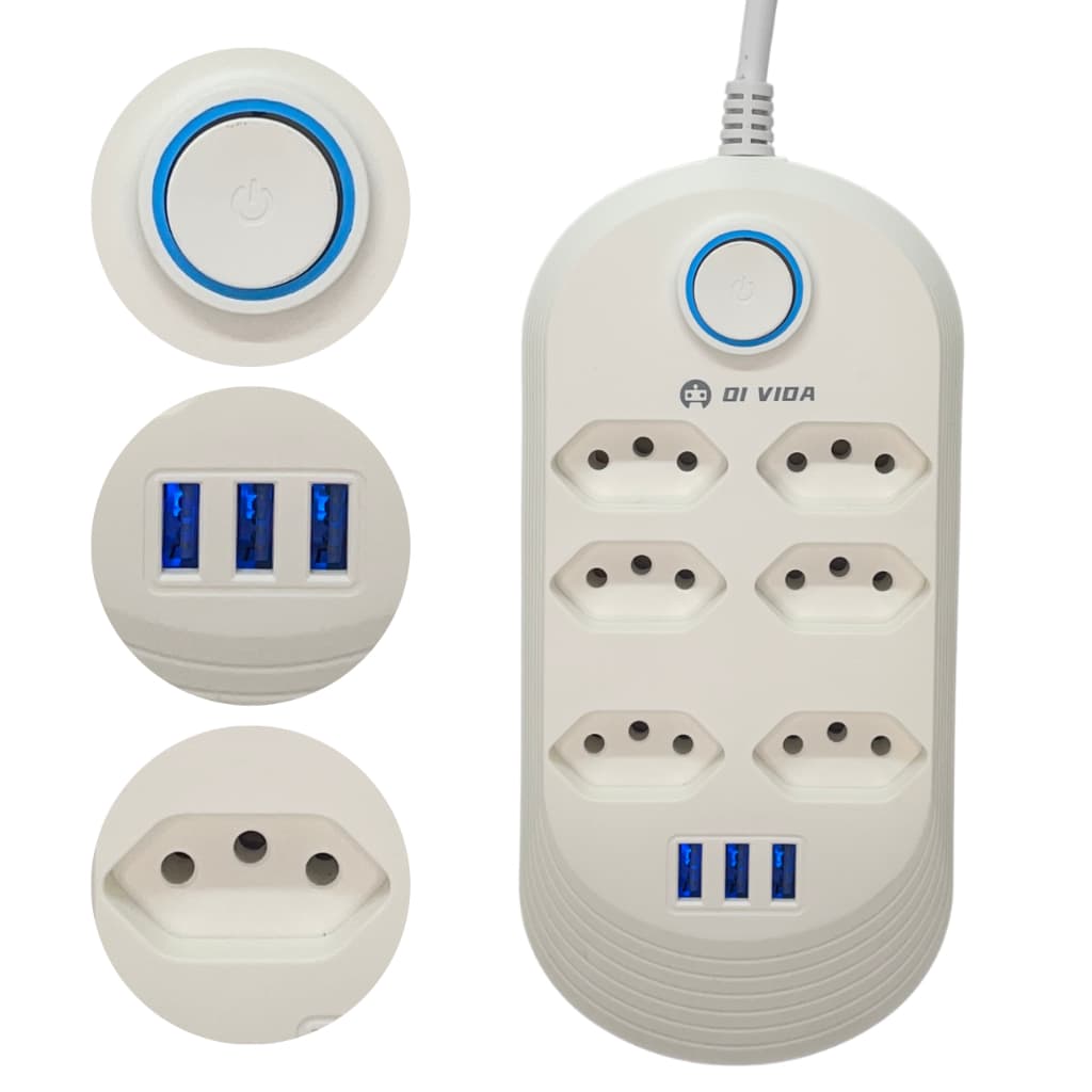 Filtro De Linha Régua Extensão Elétrica 6 Tomadas 2m 3 Usb Bivolt