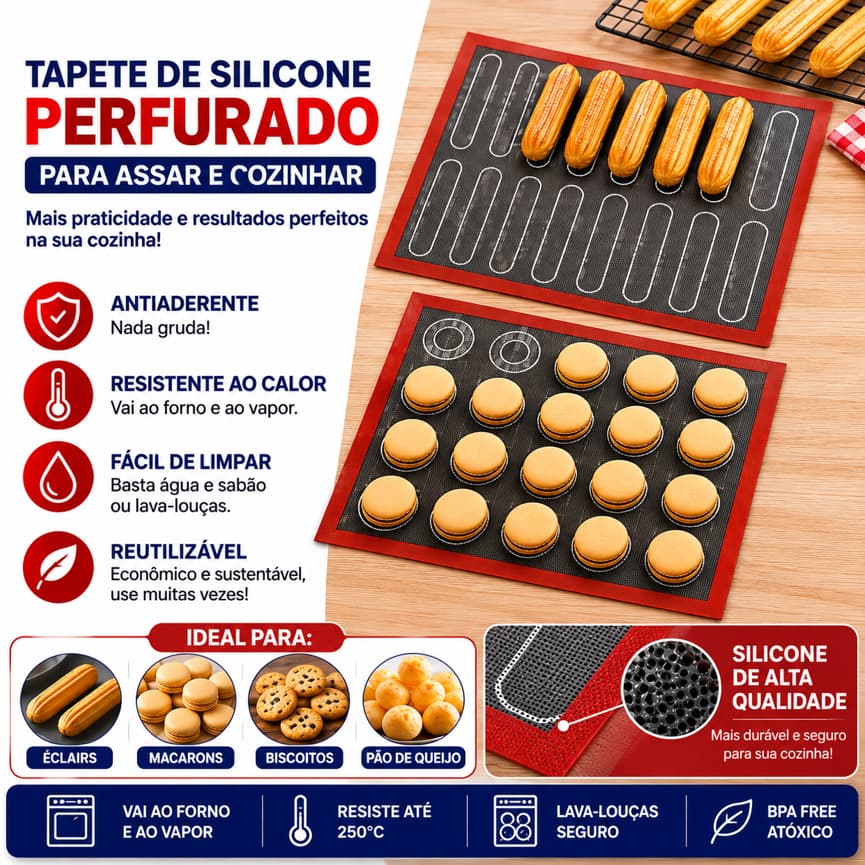 Tapete de Silicone Antiaderente 40x30cm para Assar Biscoitos, Macaron e Confeitaria – Reutilizável e Resistente ao Forno