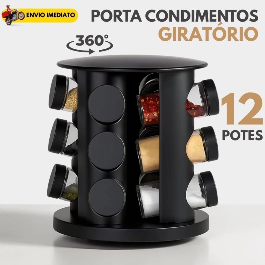 Porta Temperos Giratório 9 Potes Vidro com Tampa Dosadora Organização Cozinha Condimentos