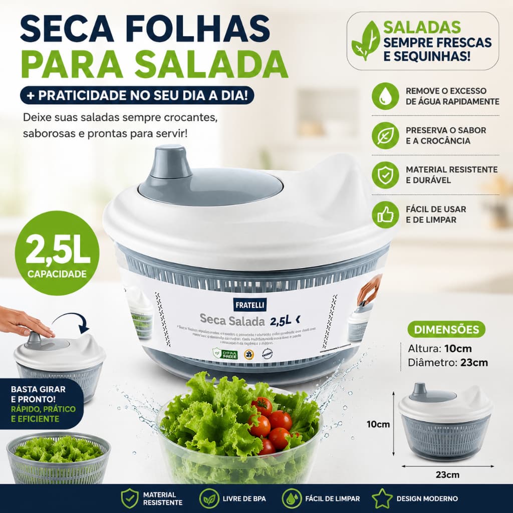 Seca Folhas Manual 2,5L Centrífuga de Salada Escorredor Verduras Legumes Cozinha Resistente