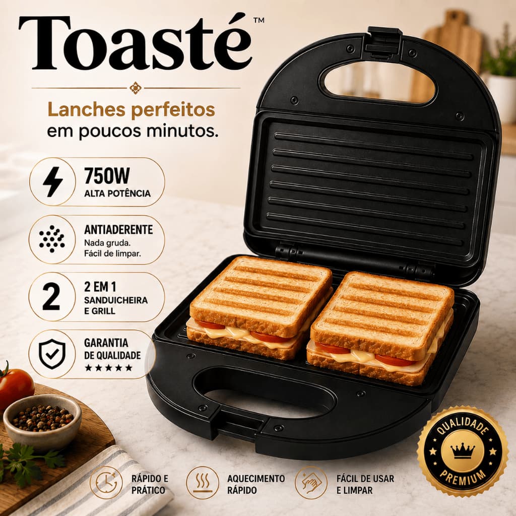Sanduicheira Grill Elétrica 2 em 1 Antiaderente 750W Prensa Dupla 127V