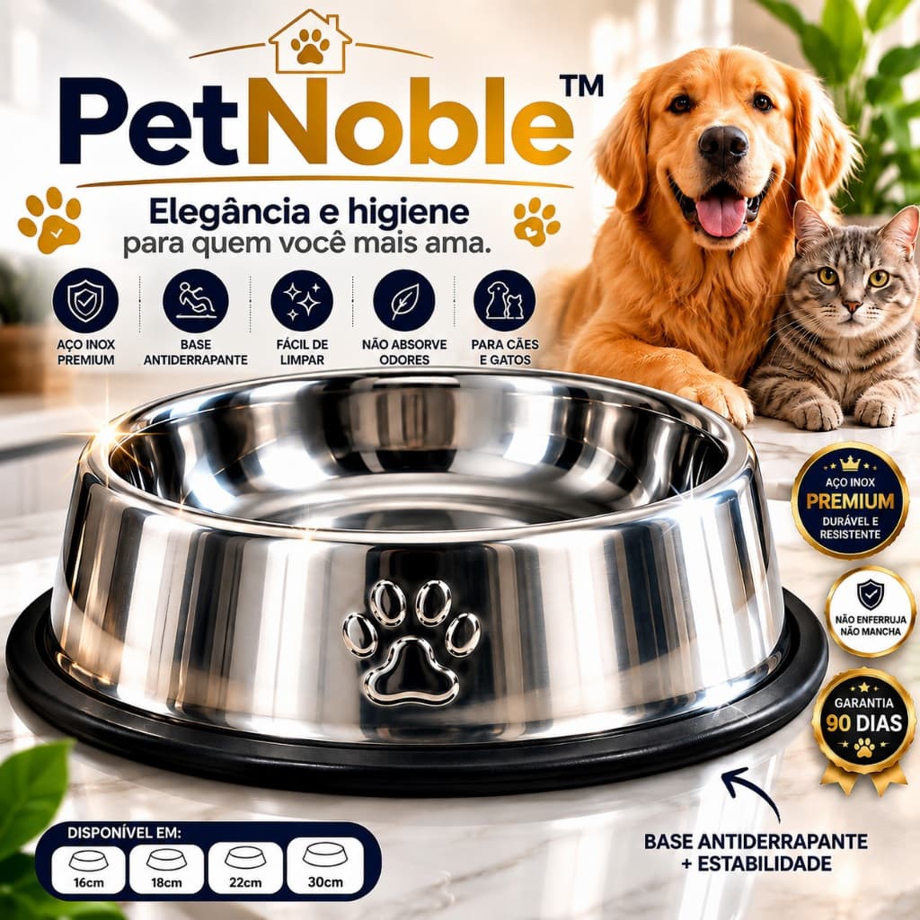 Comedouro PetNoble Aço Inox Antiderrapante Cachorro e Gato Água Ração Resistente 16 18 22 30 cm