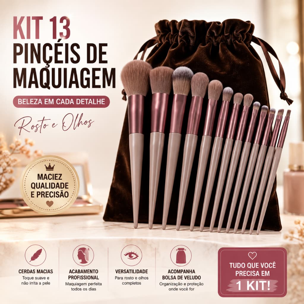 Kit 13 Pincéis de Maquiagem com Bolsa de Veludo e Cerdas Macias para Rosto e Olhos
