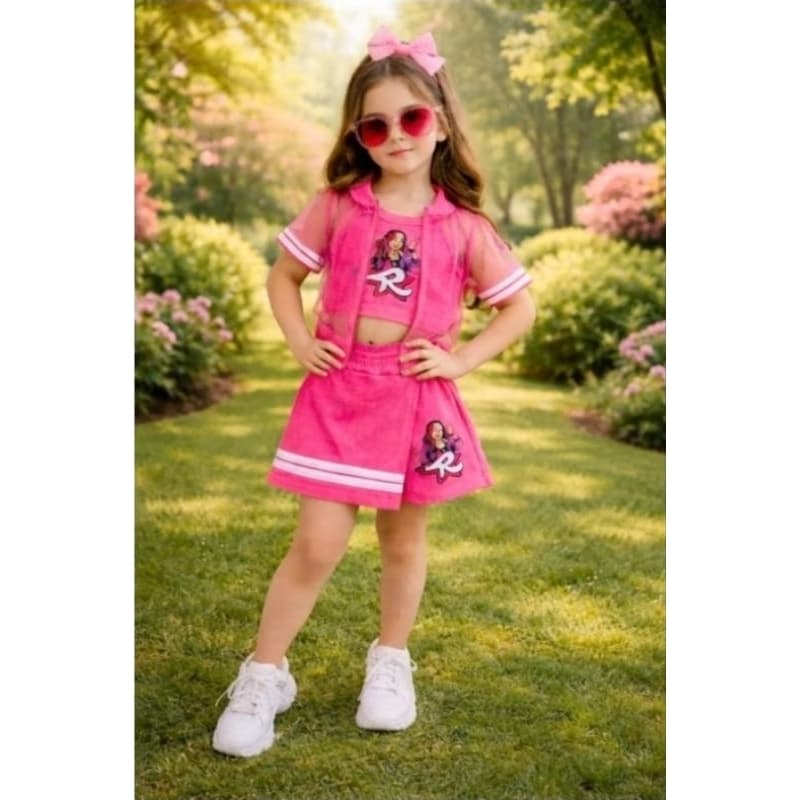 Conjunto Infantil Manga Curta 3 Peça Emily Vick Croped Modinha Blusa Emily Vick Foguete Ketlen Os Rosas