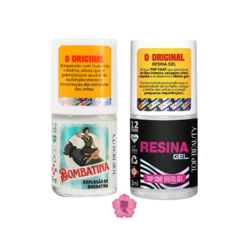 Kit Com 2 Bases Top Coat Efeito Gel Resina + Bombatina 12 Free Sos Unhas Top Beauty
