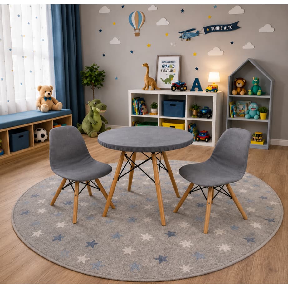 KIT MESA INFANTIL REDONDA EIFFEL 3 PEÇAS COM TOALHA 60CM E CAPAS PARA CADEIRAS
