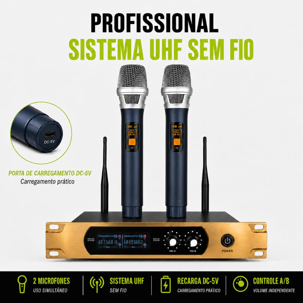 Kit Microfone KU-207 Recarregável Captador HD Transmissão Estável Sem Cruzamento De Frequência