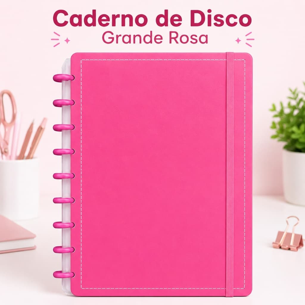 Caderno de Disco Grande Rosa 80 Folhas Capa Dura Reposicionável com Elástico Papel 90g