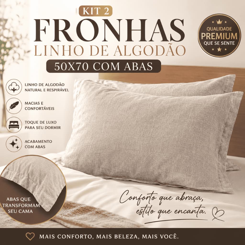 Kit 2 Fronhas 50x70 Linho de Algodão com Abas Luxo Macias