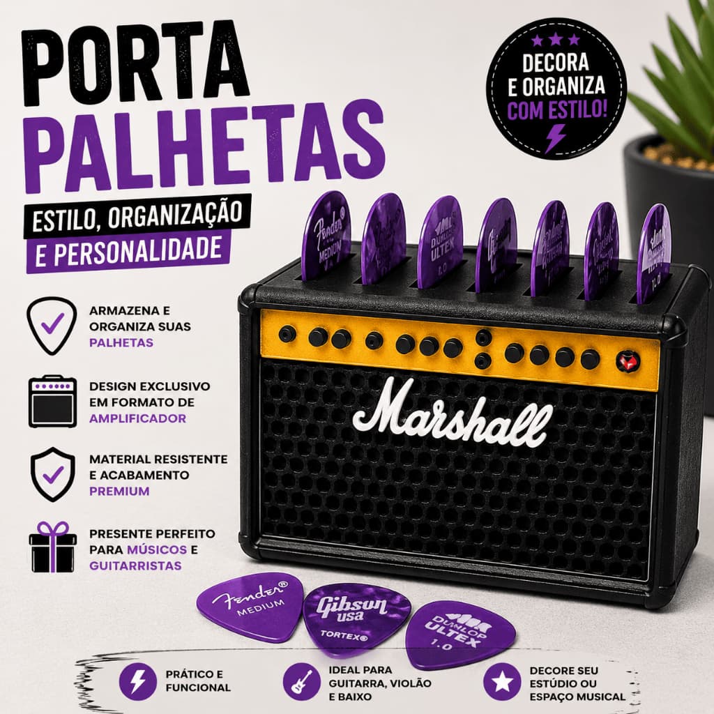 Porta Palhetas Marshall Organizador de Palhetas para Guitarra Violão Baixo Suporte Decorativo
