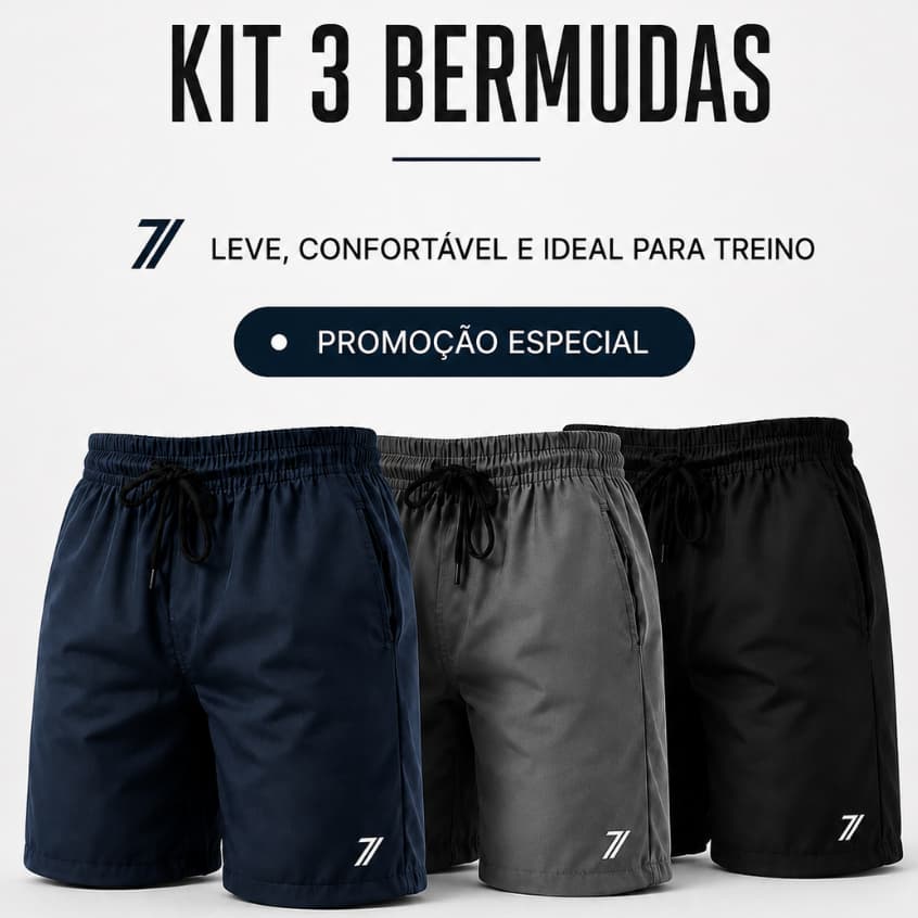 Kit 3 bermudas masculinas academia Seven Move treino praia corrida shorts elástico tecido leve