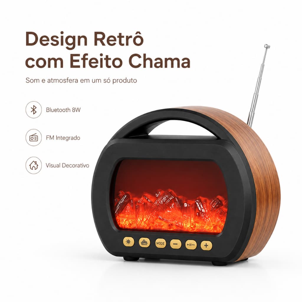 Caixa de Som Bluetooth Portátil 8W Retrô com Efeito Chama, Rádio FM, USB, TF, AUX e Type-C