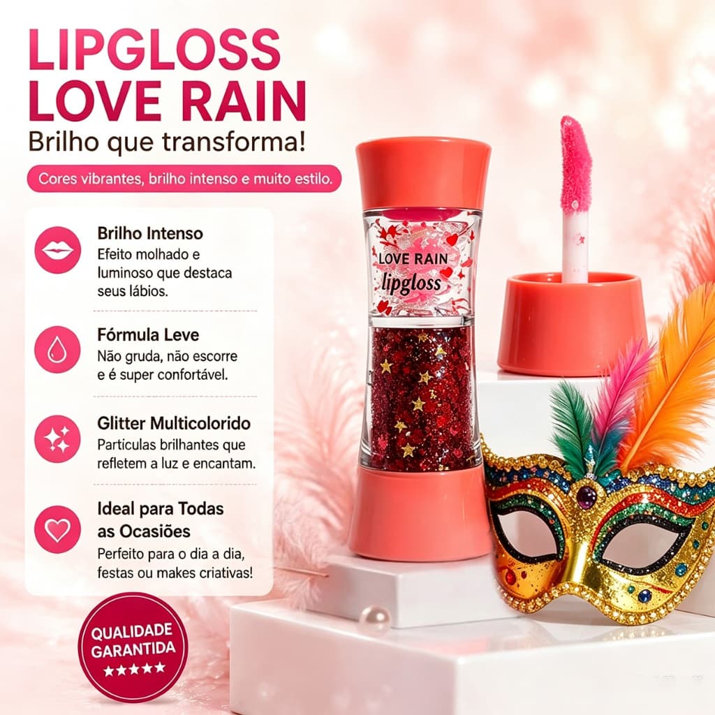 Lip Gloss Lové Rain Glitter Brilhante, Gloss Labial com Efeito Espelhado, Não Pegajoso, Maquiagem para Festas e Fotos
