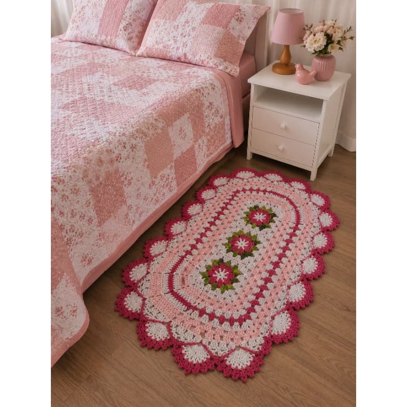 Tapete de Quarto em Crochê Artesanal 78x42 cm | Tapete Decorativo Branco/Rosa para Quarto