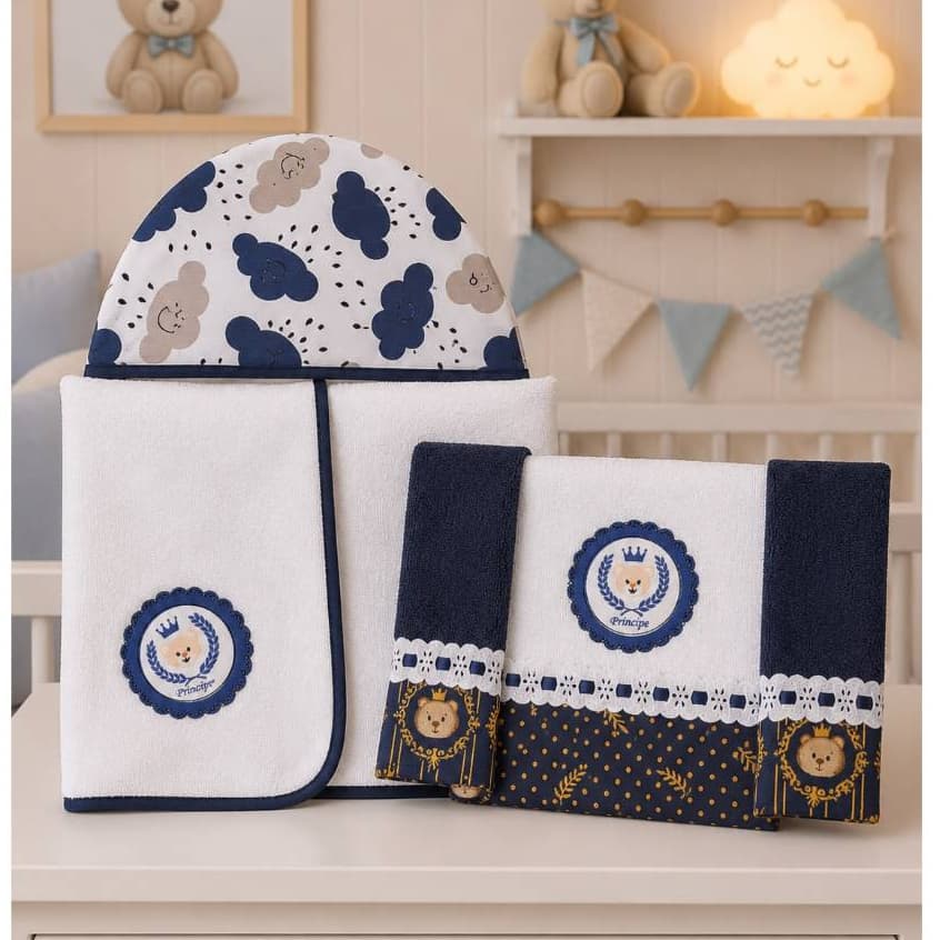 Kit Toalha Bordada com Capuz + 3 Toalhinhas de Ombro Enxoval Menino Menina 100% Algodão Banho Bebê