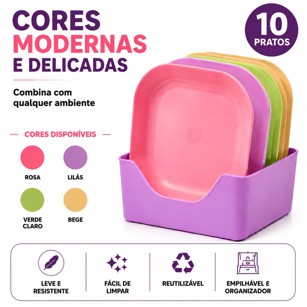 Kit 10 Pratos Plásticos  + Suporte Organizador | Pratos Quadrados para Cozinha, Festa e Uso Diário