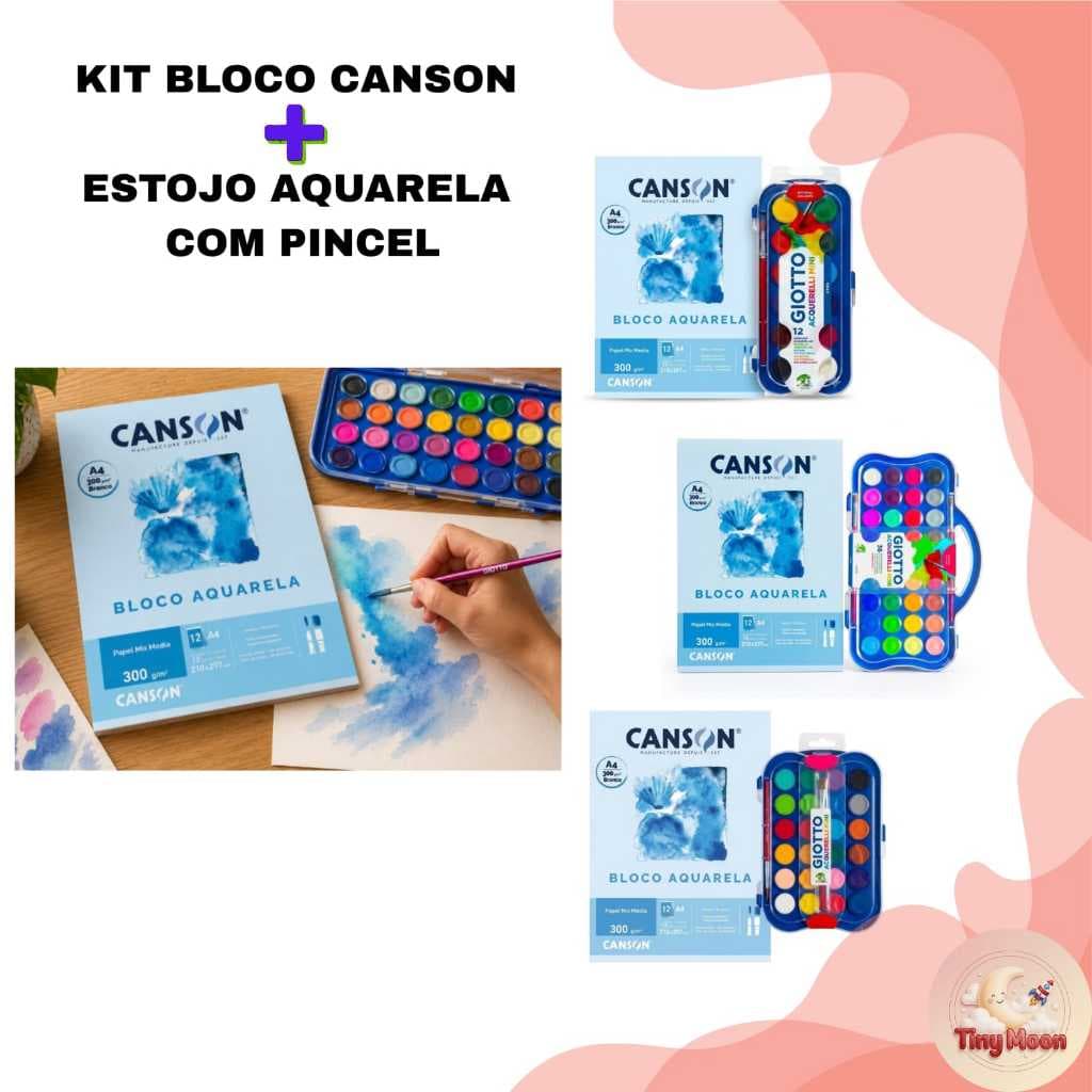 Kit Bloco Aquarela Canson A4 Com Aquarela Giotto 12 24 e 36 Cores Papel Aquarela Material Artístico
