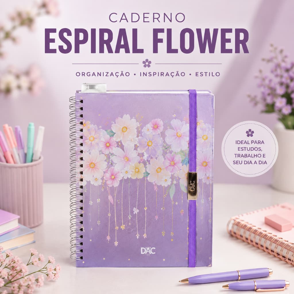 Caderno Espiral Flower DAC Capa Dura com Elástico e Porta Caneta Elegante para Estudos e Trabalho