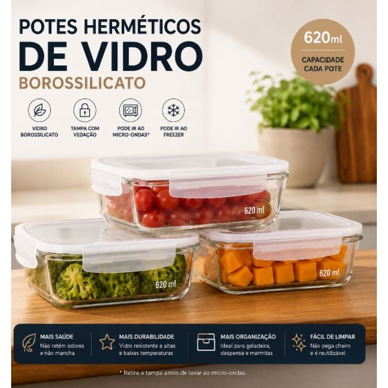 Potes Herméticos Vidro Borossilicato 620ml Tampa Hermética Marmita Organizadora