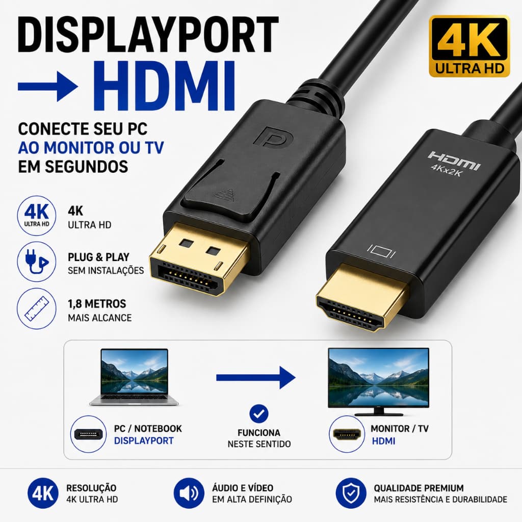Cabo DisplayPort para HDMI 4K 1,8m PC Notebook TV Monitor