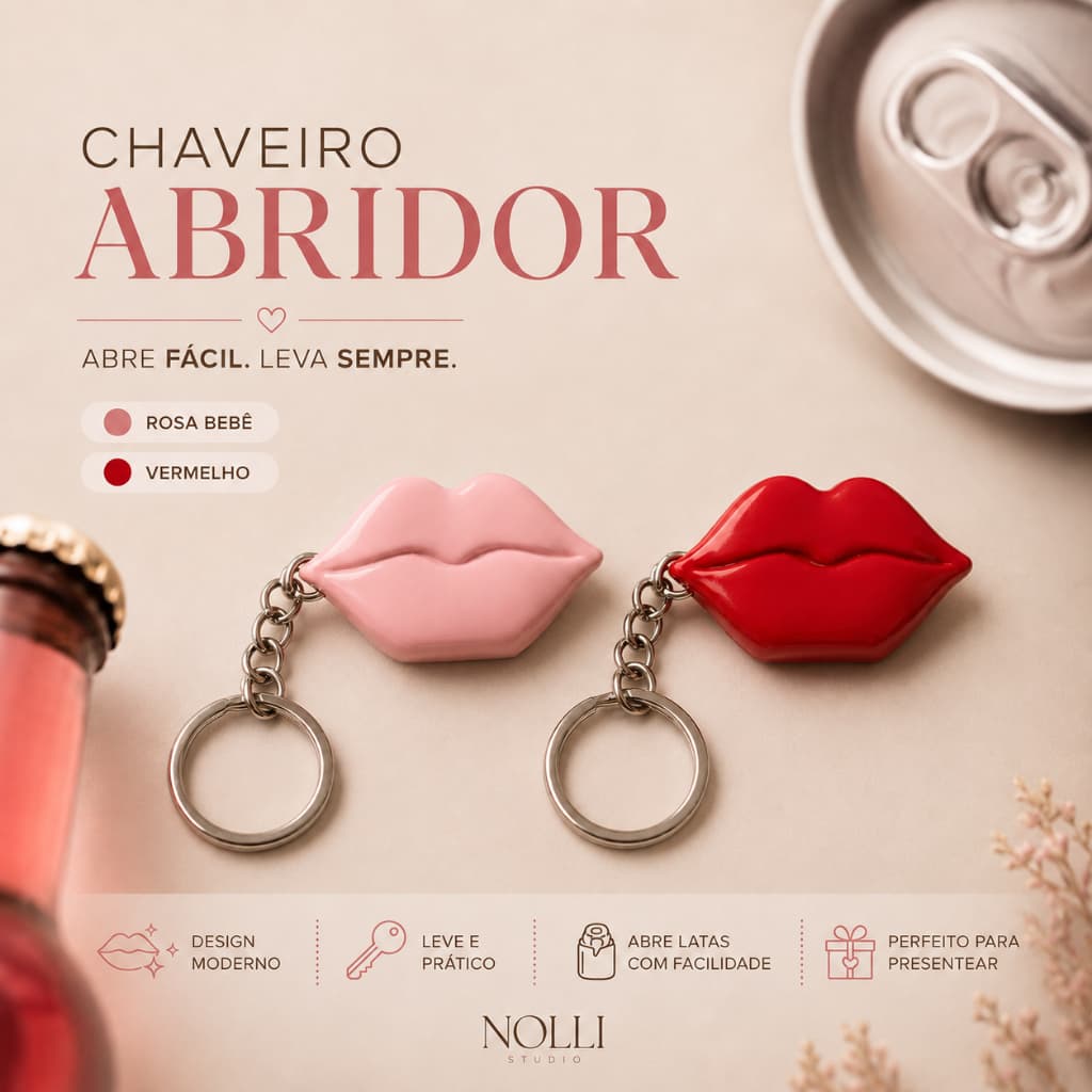 Chaveiro Abridor de Lata Beijo | Rosa ou Vermelho