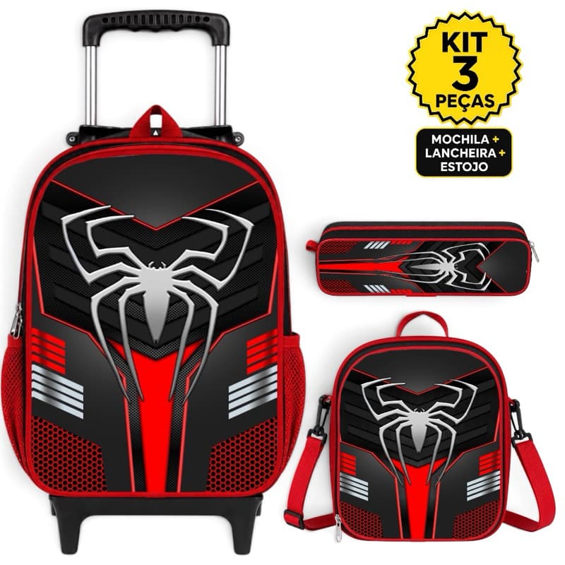Kit Escolar Rodinha Homem Aranha Menino Mochila Forro Interno + Lancheira Térmica + Estojo - Resistente