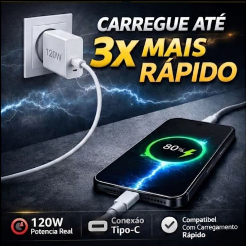 Carregador Rápido USB-C 120W 6A com Cabo Tipo C 1 Metro Carregamento Turbo Compatível Androido
