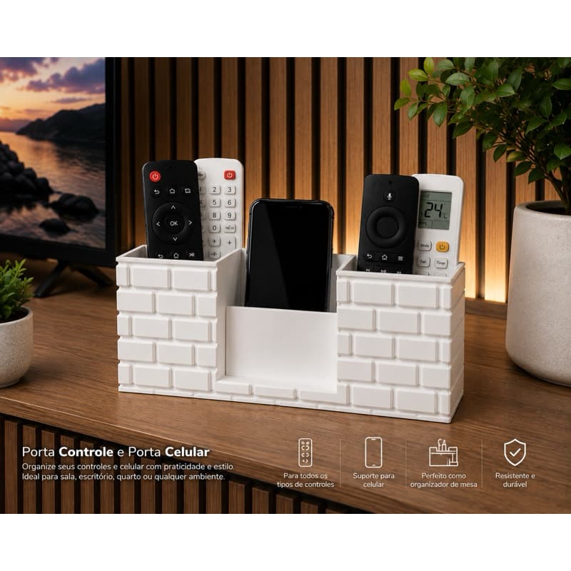 Porta Controle Remoto e Porta Celular Organizador de Mesa Multiuso | Suporte para Controles TV Ar-Condicionado e Smartph