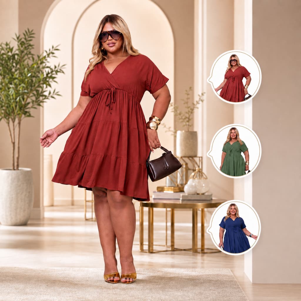 Vestido Plus Size Feminino Soltinho com Decote V, Manga Curta e Amarração Midi Casual Do G ao G3