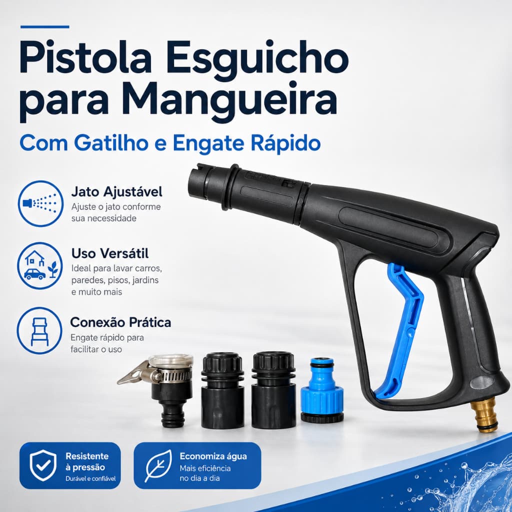 Esguicho de Alta Pressão para Mangueira com Gatilho Jato Regulável Engate Rápido Kit Adaptadores