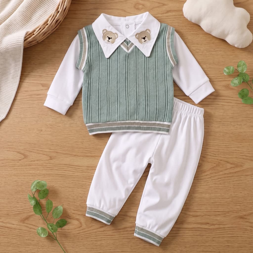 Conjunto Pagão Bebê Masculino Saída Maternidade Tricô com Body Gola Bordada e Calça Recém-Nascido Tamanho Único
