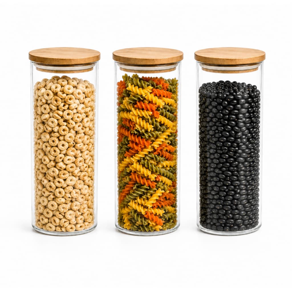 Kit 3 Potes de Vidro Herméticos 750ml Tampa de Bambu com Vedação para Mantimentos Cozinha