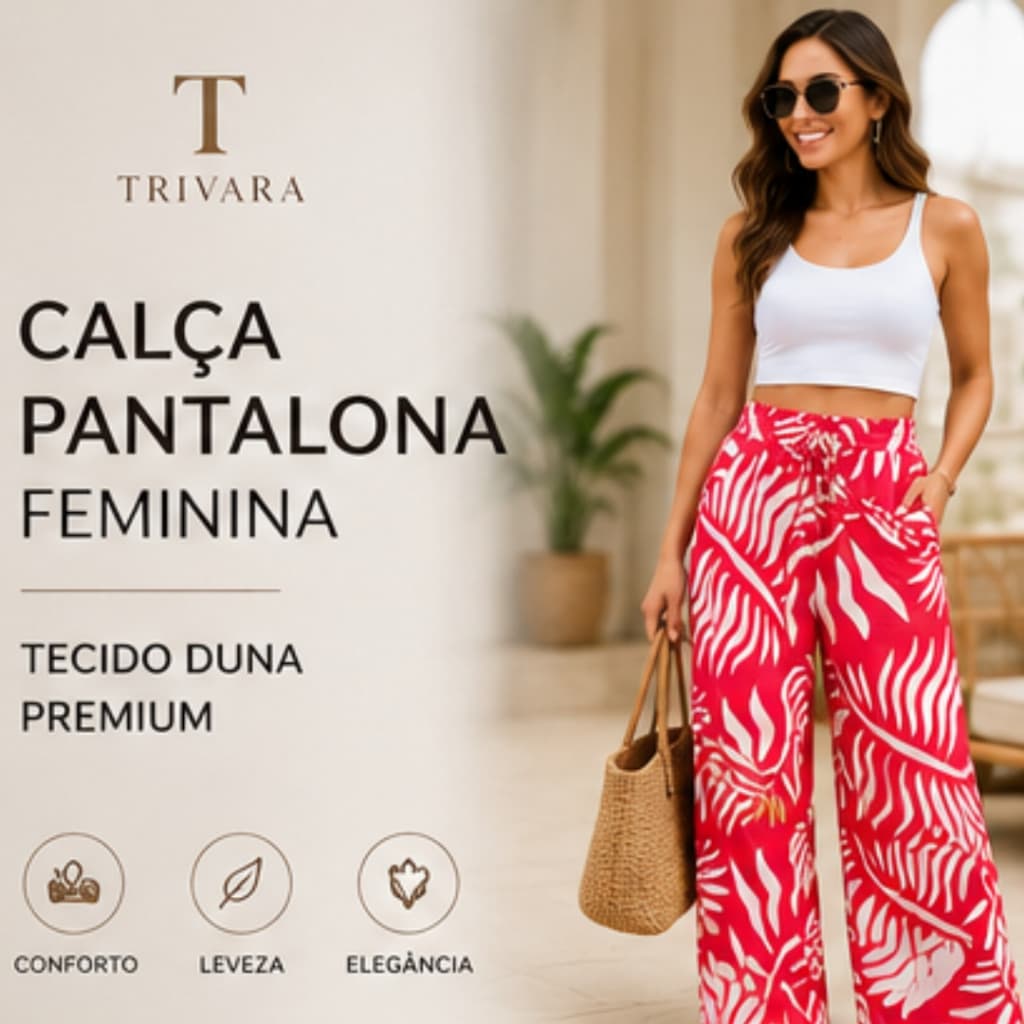 Calça Pantalona Feminina Estampada Tecido Duna Cintura Alta Pantalona Wide Leg Casual Confortável