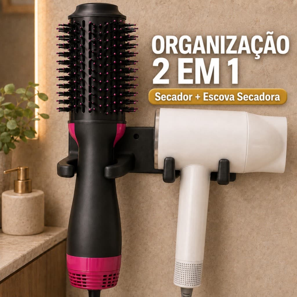 Suporte Para Escova Giratoria e Secador de Cabelo Sem Furo Organizador de Parede Para Banheiro