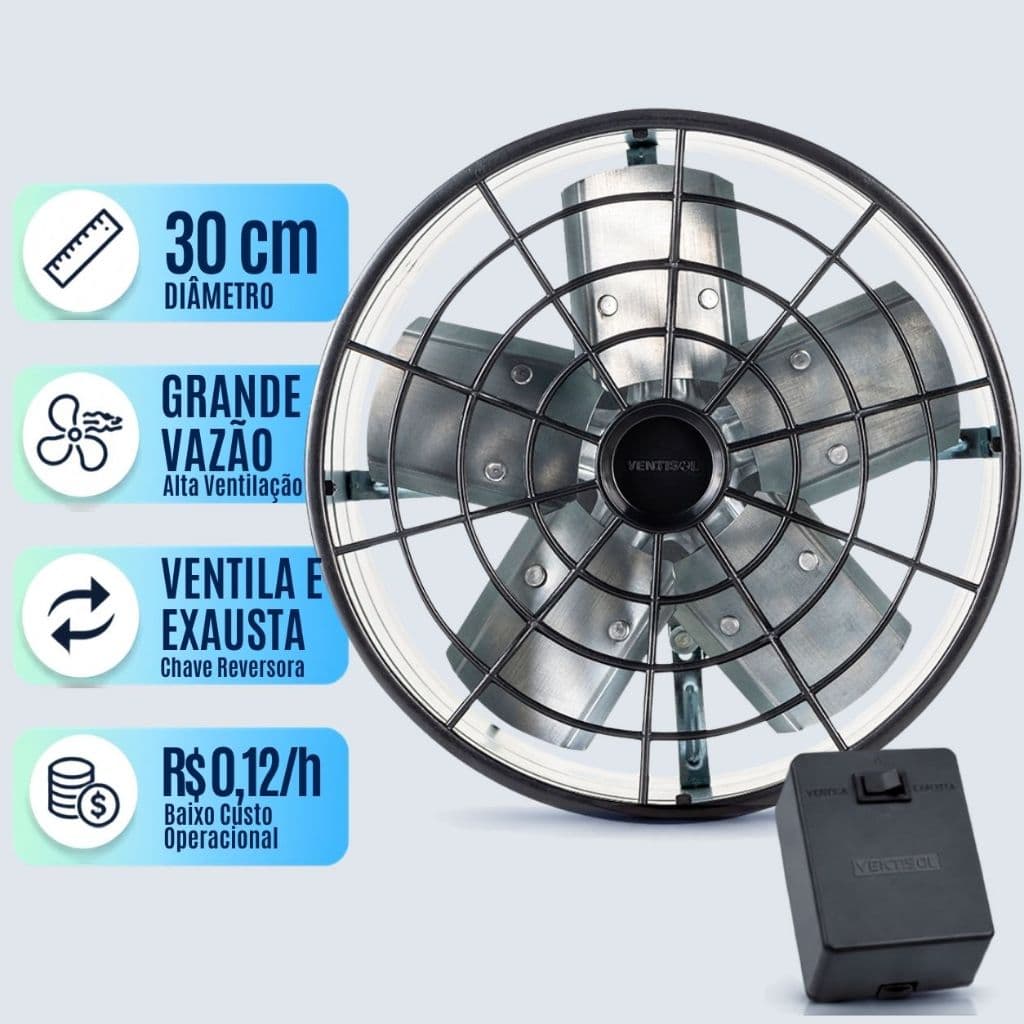 Exaustor Industrial 30 Cm Ventisol Alta Vazão Coifa Com Reversão Para Cabine Pintura