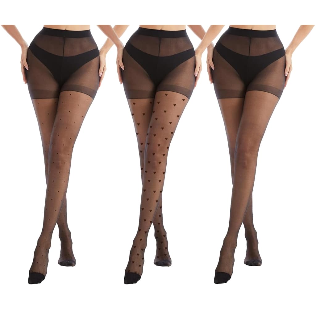Kit 3 Meia Calça Fina Feminina Estampada Bolinha Coração e Lisa