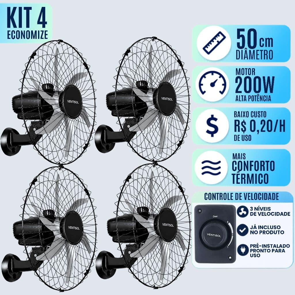 Ventilador De Parede 50cm 110v e 220v Ventisol ( Kit 4 Un ) Stell 6 Pas - Ideal Para Academia Igreja