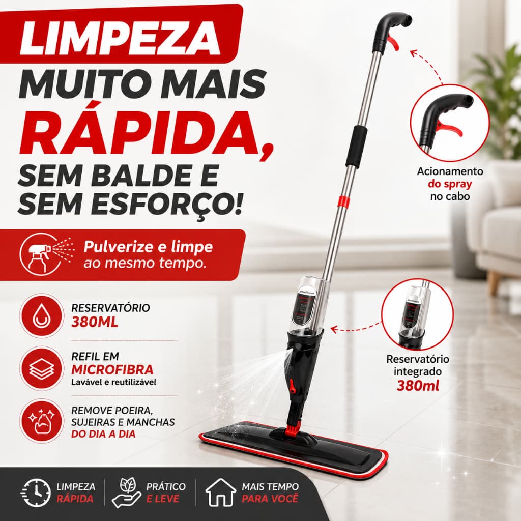 Mop Spray Flat com Reservatório 380ml Rodo Esfregão Microfibra Limpeza de Piso Refil Lavável