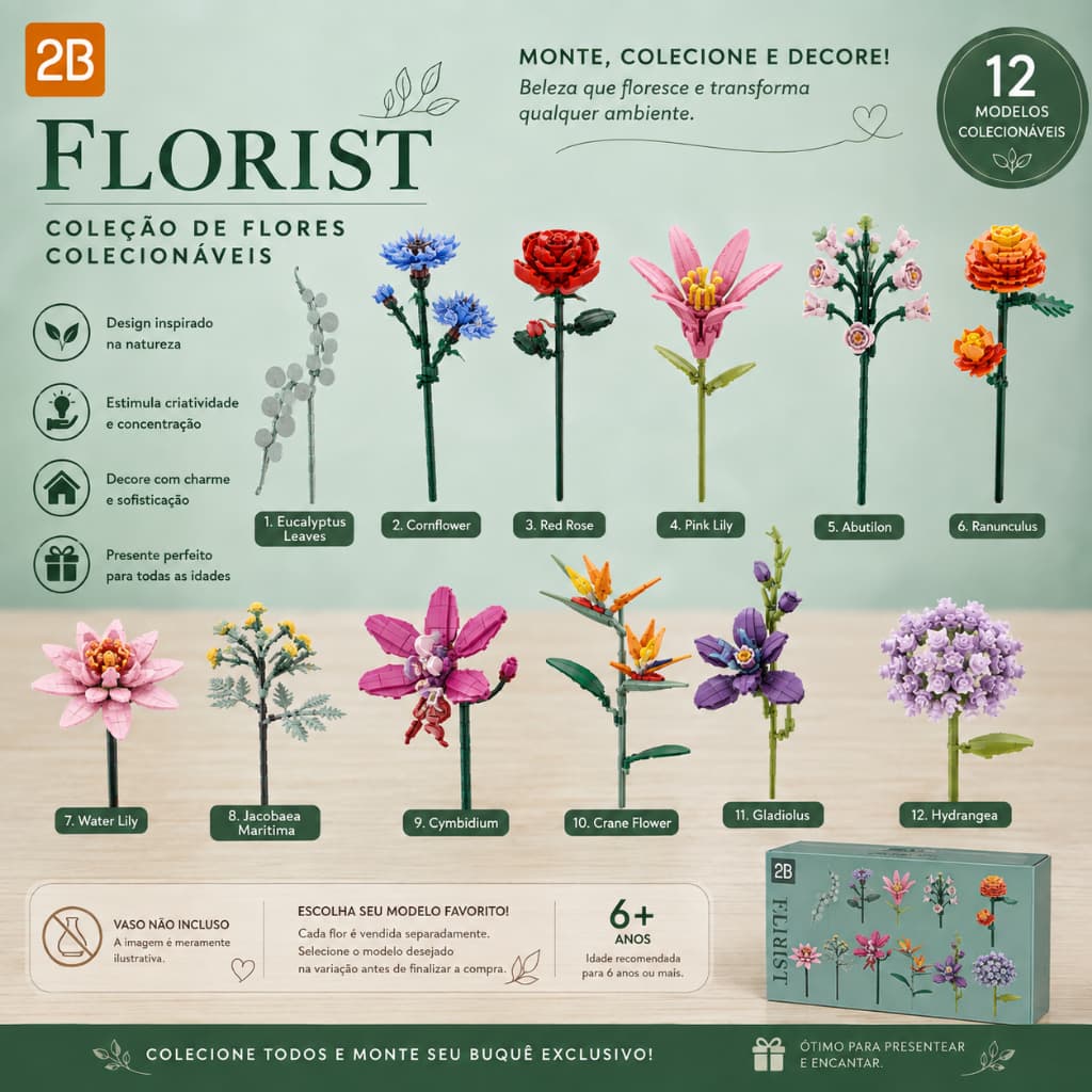 Blocos De Montar Flores Floricultura Colecionável Decorativo