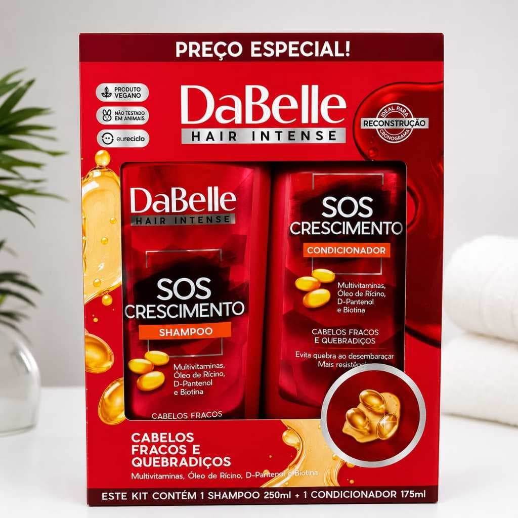 Kit DaBelle Hair Intense SOS Crescimento Shampoo 250ml + Condicionador 175ml Biotina Óleo de Rícino D-Pantenol